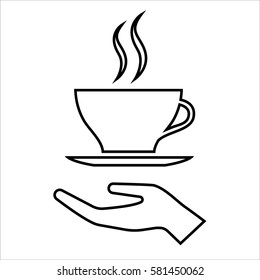 Hand with cup of coffee or tea line icon. Offer of hot beverage. Vector Illustration