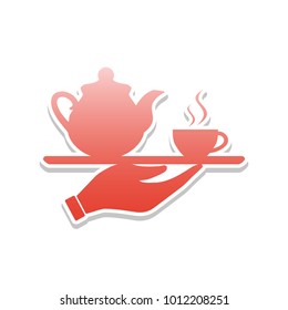 Hand with cup of coffee or tea sign illustration. Vector. Reddish icon with white and gray shadow on white background. Isolated.