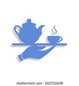 Hand with cup of coffee or tea sign illustration. Vector. Neon blue icon with cyclamen polka dots pattern with light gray shadow on white background. Isolated.