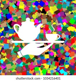 Hand with cup of coffee or tea sign illustration. Vector. White icon on colorful background with seamless pattern from squares.