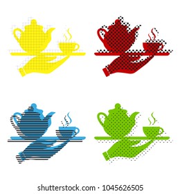 Hand with cup of coffee or tea sign illustration. Vector. Yellow, red, blue, green icons with their black texture at white background.