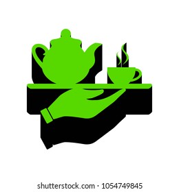 Hand with cup of coffee or tea sign illustration. Vector. Green 3d icon with black side on white background. Isolated.
