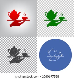 Hand with cup of coffee or tea sign illustration. Vector. 4 styles. Red gradient in radial lighted background, green flat and gray scribble icons on transparent and linear one in blue circle.