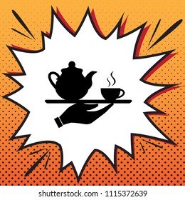 Hand with cup of coffee or tea sign illustration. Vector. Comics style icon on pop-art background.