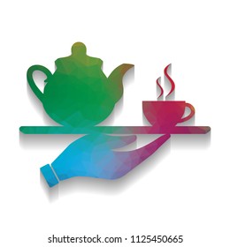 Hand with cup of coffee or tea sign illustration. Vector. Colorful icon with bright texture of mosaic with soft shadow on white background. Isolated.