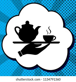 Hand with cup of coffee or tea sign illustration. Vector. Black icon in bubble on blue pop-art background with rays.