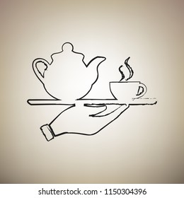 Hand with cup of coffee or tea sign illustration. Vector. Brush drawed black icon at light brown background.