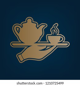 Hand with cup of coffee or tea sign illustration. Vector. Golden icon and border at dark cyan background.