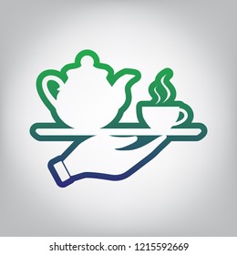 Hand with cup of coffee or tea sign illustration. Vector. Green to blue gradient contour icon at grayish background with light in center.