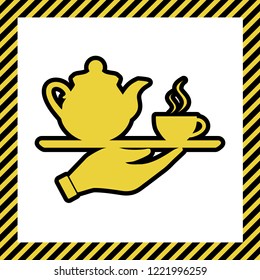 Hand with cup of coffee or tea sign illustration. Vector. Warm yellow icon with black contour in frame named as under construction at white background. Isolated.