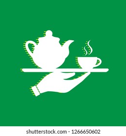 Hand with cup of coffee or tea sign illustration. Vector. White flat icon with yellow striped shadow at green background.
