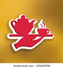 Hand with cup of coffee or tea sign illustration. Vector. Magenta icon with darker shadow, white sticker and black pop art shadow on golden background.