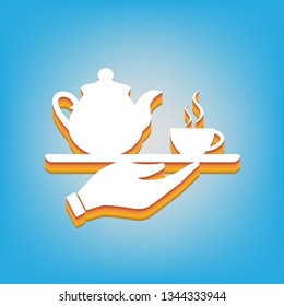 Hand with cup of coffee or tea sign illustration. Vector. White icon with 3d warm-colored gradient body at sky blue background.