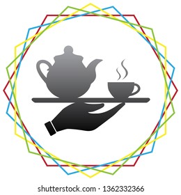 Hand with cup of coffee or tea sign illustration. Vector. Black icon with patch of light inside colorful hexagonal frames at white background.