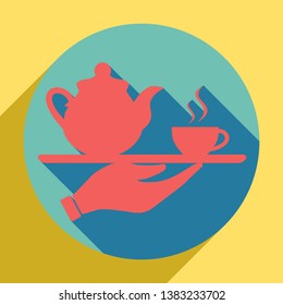 Hand with cup of coffee or tea sign illustration. Sunset orange icon with llapis lazuli shadow inside medium aquamarine circle with different goldenrod shadow at royal yellow background.