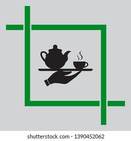 Hand with cup of coffee or tea sign illustration. Black icon inside green crop tool at light gray background