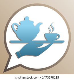 Hand with cup of coffee or tea sign illustration. Bright cerulean icon in white speech balloon at pale taupe background. Illustration.