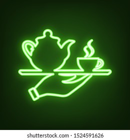 Hand with cup of coffee or tea sign illustration. Green neon icon in the dark. Blurred lightening. Illustration.