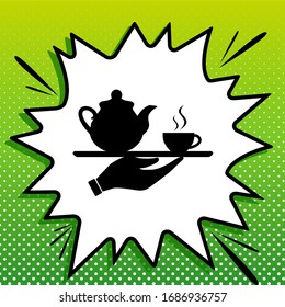 Hand With Cup Of Coffee Or Tea Sign Illustration. Black Icon On White Popart Splash At Green Background With White Spots. Illustration.