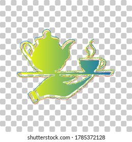 Hand with cup of coffee or tea sign illustration. Blue to green gradient Icon with Four Roughen Contours on stylish transparent Background. Illustration.