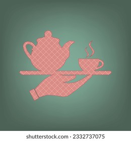 Hand with cup of coffee or tea sign illustration. Apricot Icon with Brick Red parquet floor graphic pattern on a Ebony background. Feldgrau. Green. Illustration.