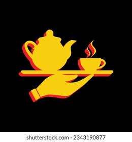 Hand with cup of coffee or tea sign illustration. 3D Extruded Yellow Icon with Red Sides a Black background. Illustration.