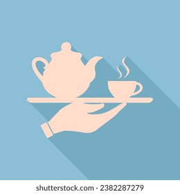 Hand with cup of coffee or tea sign illustration. Unbleached silk Icon with very long shadow at dark sky blue background. Illustration.
