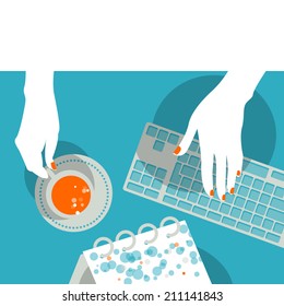 Hand with a cup, keyboard and calendar. Vector illustration