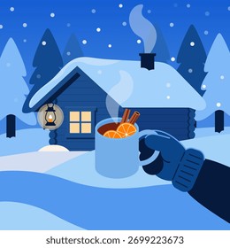 Mano con taza de vino caliente. Atmósfera del bosque de invierno. Diseño plano. Ilustración vectorial de fondo de paisaje