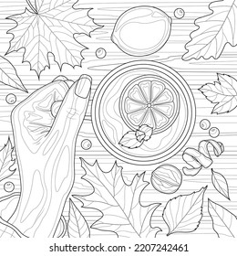 Hand with a cup of tea and autumn leaves.Coloring book antistress for children and adults. Illustration isolated on white background.Zen-tangle style. Hand draw