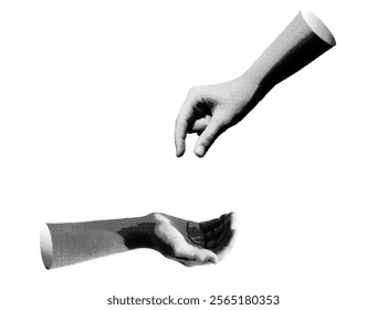 Hand cupped in a giving or receiving gesture, symbolizing sharing something invisible. Retro, vintage halftone and dotted texture. Vector illustration isolated on white background.