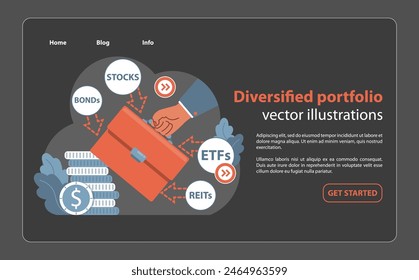 Hand curates a diverse investment mix. Emphasis on stocks, bonds, ETF, and REIT in portfolio. Smart financial strategy representation. Flat vector illustration