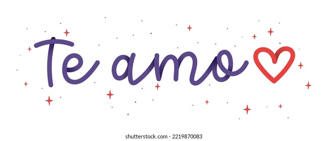 Palabra cursiva púrpura que te amo en portugués brasileño con estrellas y corazón rojo. Traducción - Te amo