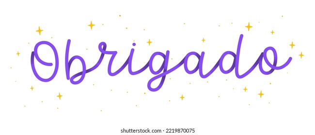 Hand cursive word purple Thank You in Brazilian Portuguese with stars. Translation - Thank you.