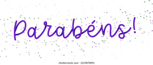 Hand cursive word vibrant purple Happy Birthday in Brazilian Portuguese with confetti. Translation - Happy Birthday