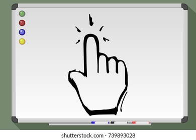 Hand cursor arrow on whiteboard. Digital communication mouse click. Hand drawn vector stock illustration
