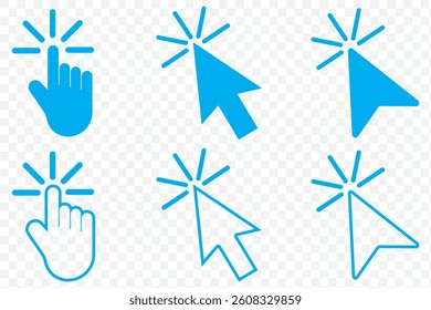 Hand cursor Blue icon set. click icon vector. hand click pointer. Hand and arrow pointer cursor - stock vector on Transparent Background. EPS 10.