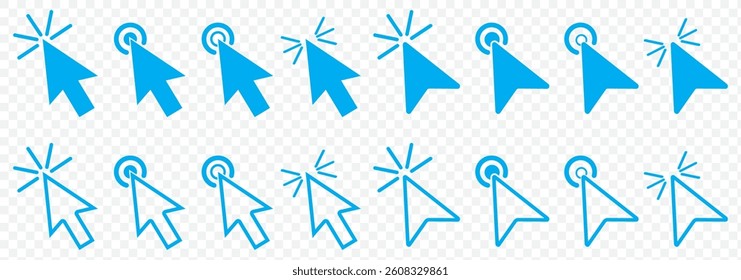 Hand cursor Blue icon set. click icon vector. hand click pointer. Hand and arrow pointer cursor - stock vector on Transparent Background. EPS 10.