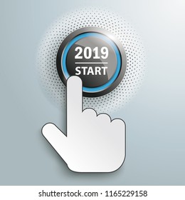 Hand cursor and button with text 2019 Start. Eps 10 vector file.