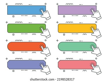 Hand cursor with click here banner vector set. Action button with mouse click