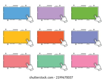 Hand cursor with click here banner vector set. Action button with mouse click