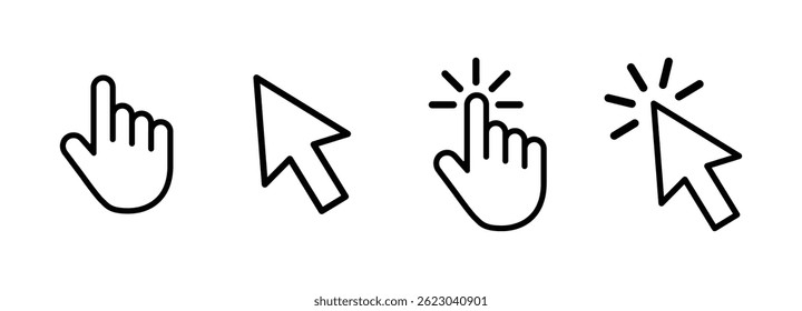 Hand and cursor click icons in black outline style on a light background, representing interaction, click, and selection concepts. Minimalistic UI symbols for web and app design. Cursor, click, icons.