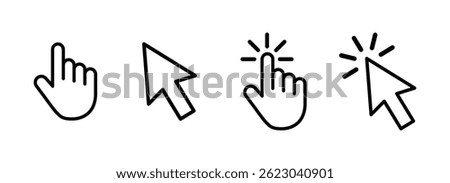 Hand and cursor click icons in black outline style on a light background, representing interaction, click, and selection concepts. Minimalistic UI symbols for web and app design. Cursor, click, icons.