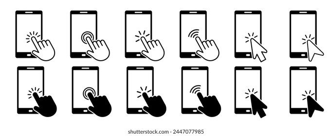 Símbolo de Hacer clic de cursor de mano con teléfono. Iconos del cursor.Iconos del cursor en los que se puede hacer clic: Mano que hace clic, Gestos que señalan.Conjunto de iconos de smartphone de pantalla táctil del cursor de mano. Vector