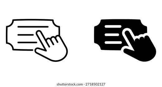 Cursor de mano haciendo clic en el conjunto de iconos: diseño de tickets lineal y lleno
