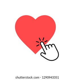 Hand cursor clicking the like heart button. Abstract vector flat design icon. Stylish simple logo. Color illustration for web design and print.