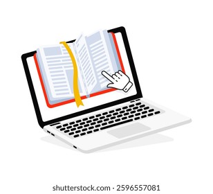 Hand cursor clicking on online book displayed on laptop screen, promoting online reading and digital library