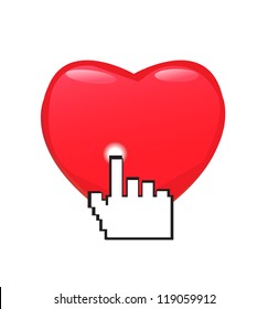 Hand cursor clicking on a red heart shaped button