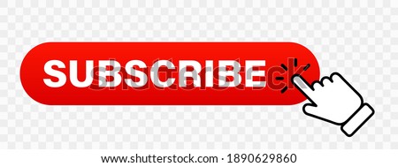 Hand cursor clicking on red subscribe button. Subscribe button. Hand pointer icon. Subscription service. Social media concept. Streaming video. Play button vector icon. Vector graphic. EPS 10