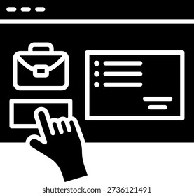 A hand cursor clicks on a button on a website displaying a briefcase icon, representing an online job application. The clean, vector style suggests a modern, digital approach to job searching and career opportunities.